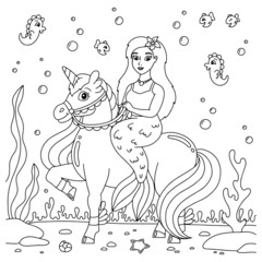 Wall Mural - A mermaid rides a unicorn. Coloring book page for kids. Cartoon style character. Vector illustration isolated on white background.