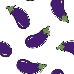 Wall Mural - Seamless pattern with fruits of eggplant in a modern style on a white background. Texture with vegetables, print for fabric, grocery store, farmers market.