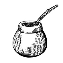 Illustration With Mate Tea In Calabash And Bombilla And Yerba Mate Plant, Vector Illustration, Isolated