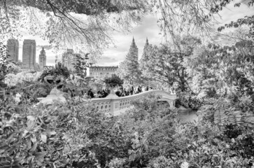 Poster - NEW YORK CITY, USA - OCTOBER 25TH, 2015: Tourists walk along Central Park Bow Bridge in foliage season. It is a main city attraction.