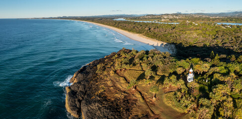 aerial views of the fingal head lighthouse near tweed heads in northern new south wales, australia