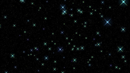 Wall Mural - An abstract exploration of the galaxy through outer space to glowing and twinkling stars against the backdrop of falling bright particles. Close-up. 4K animation of flying through a star field. 3D. Is