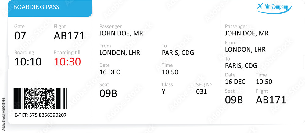 Airline boarding pass ticket isolated on white background. Stock Vector ...