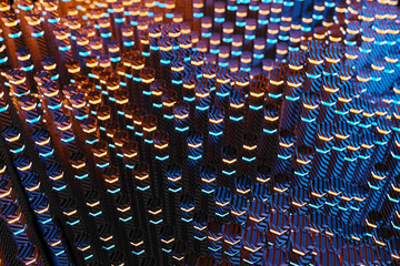 Aufkleber - Metallic black blue and orange glowing hexagons moving pillars background 3D rendering