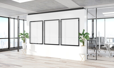 Aufkleber - Three vertical frames Mockup hanging on wall. Mock up of billboards in modern wooden office interior 3D rendering