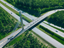 Aerial View Of Bridge Over Highway Road In Finland.