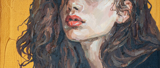 Portrait of a girl on a gold background. Portrait of a young beautiful women with red lips. Fragment of oil painting on canvas.