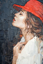 Attractive Young Woman With Red Lips And Red Hat On A Dark Background. Palette Knife Technique Of Oil Painting And Brush.