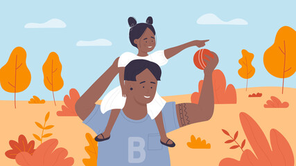 Happy father and daughter playing together in autumn city park vector illustration. Cartoon man character holding ball to play, girl child sitting on fathers shoulders, family fun time background