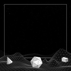 Poster - Gray geometric shapes on a wireframe wave background vector