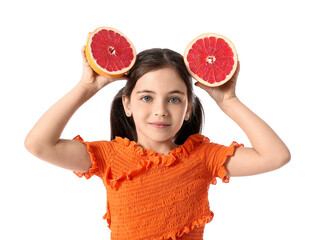 Wall Mural - Funny little girl with fresh grapefruit on white background