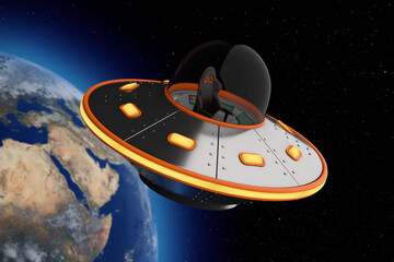 Poster - Cute Spaceship Cartoon Ufo in Open Space. 3d Rendering