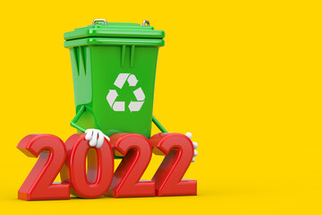 Poster - Recycle Sign Green Garbage Trash Bin Character Mascot with 2022 New Year Sign. 3d Rendering