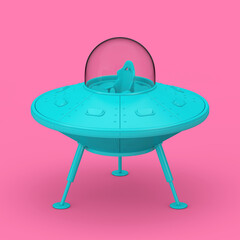 Poster - Blue Cute Spaceship Cartoon Ufo in Duotone Style. 3d Rendering