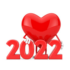 Aufkleber - Red Heart Character Mascot with 2022 New Year Sign. 3d Rendering