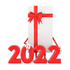 Aufkleber - White Gift Box and Red Ribbon Character Mascot with 2022 New Year Sign. 3d Rendering