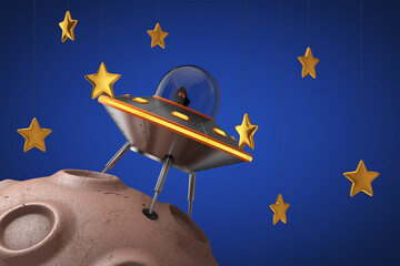 Poster - Cute Spaceship Cartoon Ufo over Abstract Planet in Space with Golden Stars. 3d Rendering
