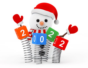 Aufkleber - New Year Concept. Snowman near Christmas Spring Cubes with 2022 New Year Sign. 3d Rendering