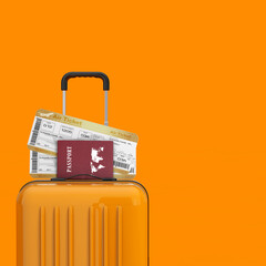 Aufkleber - Travel Concept. Orange Travel Suitcase with Golden Business or First Class Airline Boarding Pass Fly Air Tickets and Passports. 3d Rendering