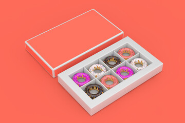 Poster - Set of Big Glazed Donuts in Pink Paper Box with Free Space for Your Design. 3d Rendering