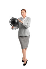 Poster - Portrait of female teacher with globe on white background