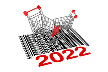 Aufkleber - Two Empty Shopping Carts over Abstract Bar Code with New 2022 Year Sign. 3d Rendering