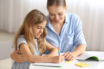 Poster - Little girl with her mother doing lessons at home