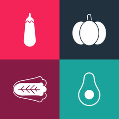 Sticker - Set pop art Avocado fruit, Cabbage, Pumpkin and Eggplant icon. Vector