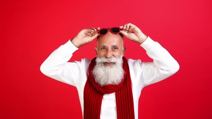 Poster - Excited crazy carefree funky santa appear stand up empty space wave hand