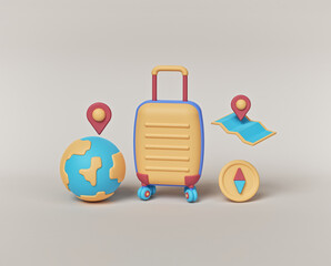 Poster - minimal 3d rendering. travel concept. yellow suitcase, location pin, map, compass and earth globe.