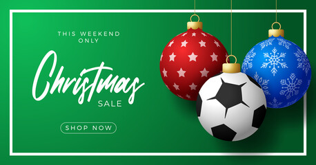 soccer Merry Christmas and Happy New Year luxury Sports greeting card. football ball as a Christmas ball on background. Vector illustration.