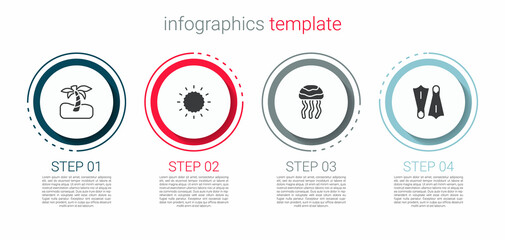 Wall Mural - Set Tropical palm tree, Sun, Jellyfish and Rubber flippers for swimming. Business infographic template. Vector