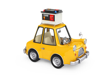 Poster - Rechargeable Car Battery 12V Accumulator with Abstract Label with Yellow Cartoon Car. 3d Rendering