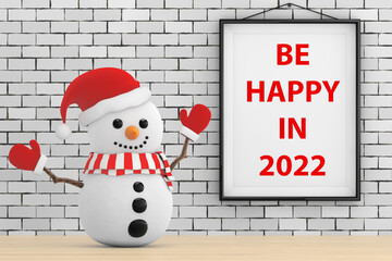 Aufkleber - Snowman in front of Brick Wall with Frame Be Happy In 2022 Sign. 3d Rendering