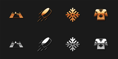 Sticker - Set Mountains, Hockey puck, Snowflake and jersey icon. Vector