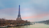 Fototapeta Boho - The Eiffel Tower, iconic Paris landmark across the River Seine with  the tourist boat  in  sunset sky scene at Paris ,France  background