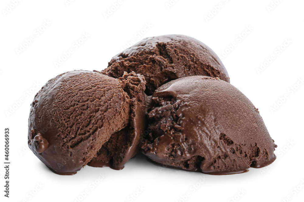 Delicious chocolate ice cream balls on white background