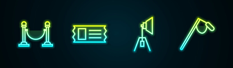 Poster - Set line Rope barrier, Cinema ticket, Movie spotlight and Microphone. Glowing neon icon. Vector