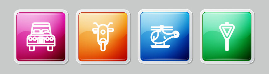 Sticker - Set line Car, Scooter, Helicopter and Road traffic signpost. Colorful square button. Vector