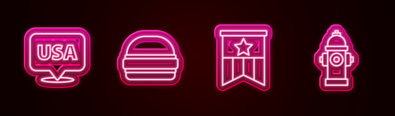 Poster - Set line USA Independence day, Burger, American flag and Fire hydrant. Glowing neon icon. Vector