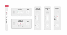 Set of different covid rapid antigen tests isolated on white background. Coronavirus disease infection check equipment, test tube and rapid test cassette. Flat vector illustration.