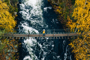 Wall Mural - Aerial view of fall forest and blue river with bridge in Finland.