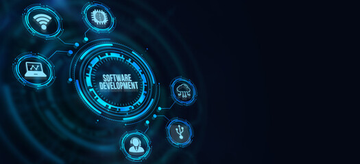 Internet, business, Technology and network concept. Inscription Software Development on the virtual display.