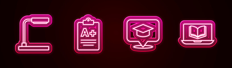 Sticker - Set line Table lamp, Exam sheet with A plus grade, Graduation cap in speech bubble and Online class. Glowing neon icon. Vector