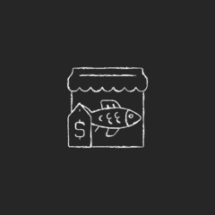 Sticker - Fish market chalk white icon on dark background. Fresh, frozen seafood trade and supply. Fish marketplace. Fishmongers stall. Commercial fishery. Isolated vector chalkboard illustration on black