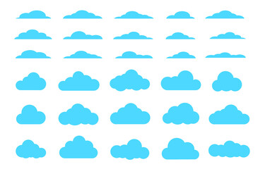 Poster - Clouds icon set. Different cloud shapes isolated on the blue sky background. Vector flat style cartoon cloud.