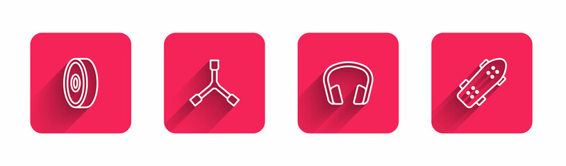 Sticker - Set line Skateboard ball bearing, Y-tool, Headphones and with long shadow. Red square button. Vector