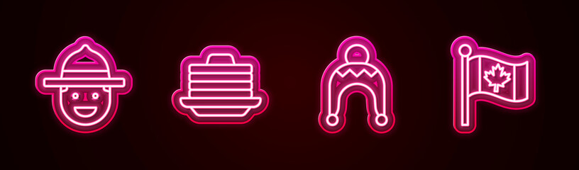 Sticker - Set line Canadian ranger hat, Stack of pancakes, Winter and Flag Canada. Glowing neon icon. Vector