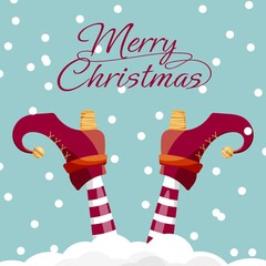 Vector creative merry christmas greeting card with cartoon elf's legs, elf shoes on falling snow in sky. Vector merry christmas background. Merry christmas card on blue background.