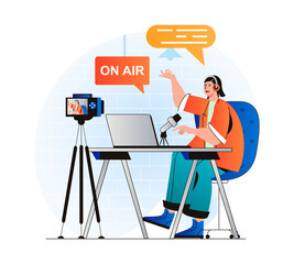Aufkleber - Podcast streaming concept in modern flat design. Woman with headphones talking in microphone at live radio show and recording on video camera at studio. Blogger live broadcasting. Vector illustration